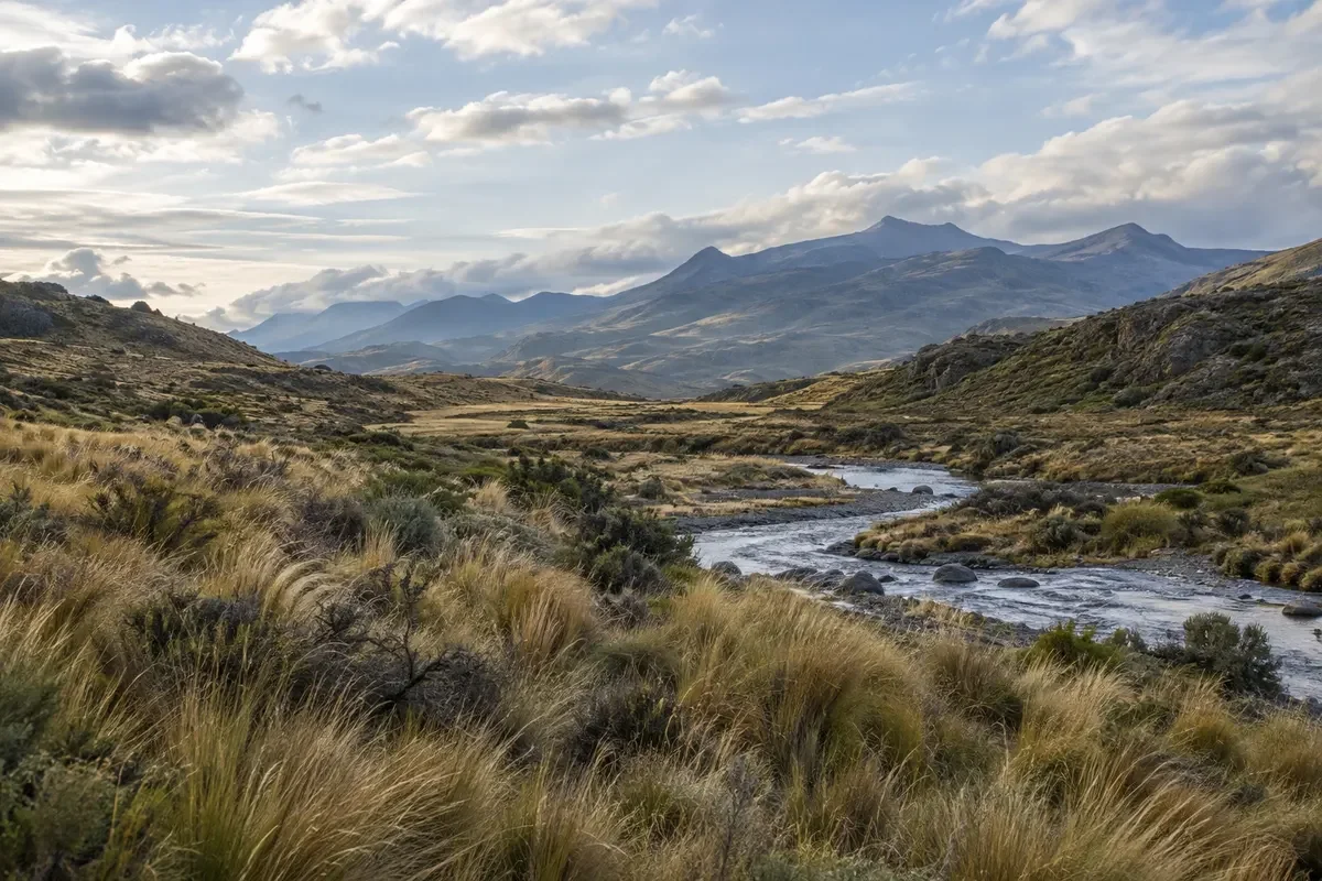 Editorial study of open high country and a winding stream beneath mountains