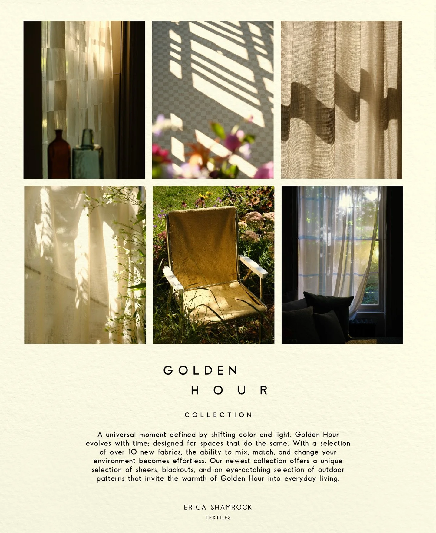 We are so excited that the Golden Hour Collection is finally here! We&rsquo;ve created ten new fabrics-including a brand new outdoor sheer. All samples are available to shop on our website now 🌅☀️