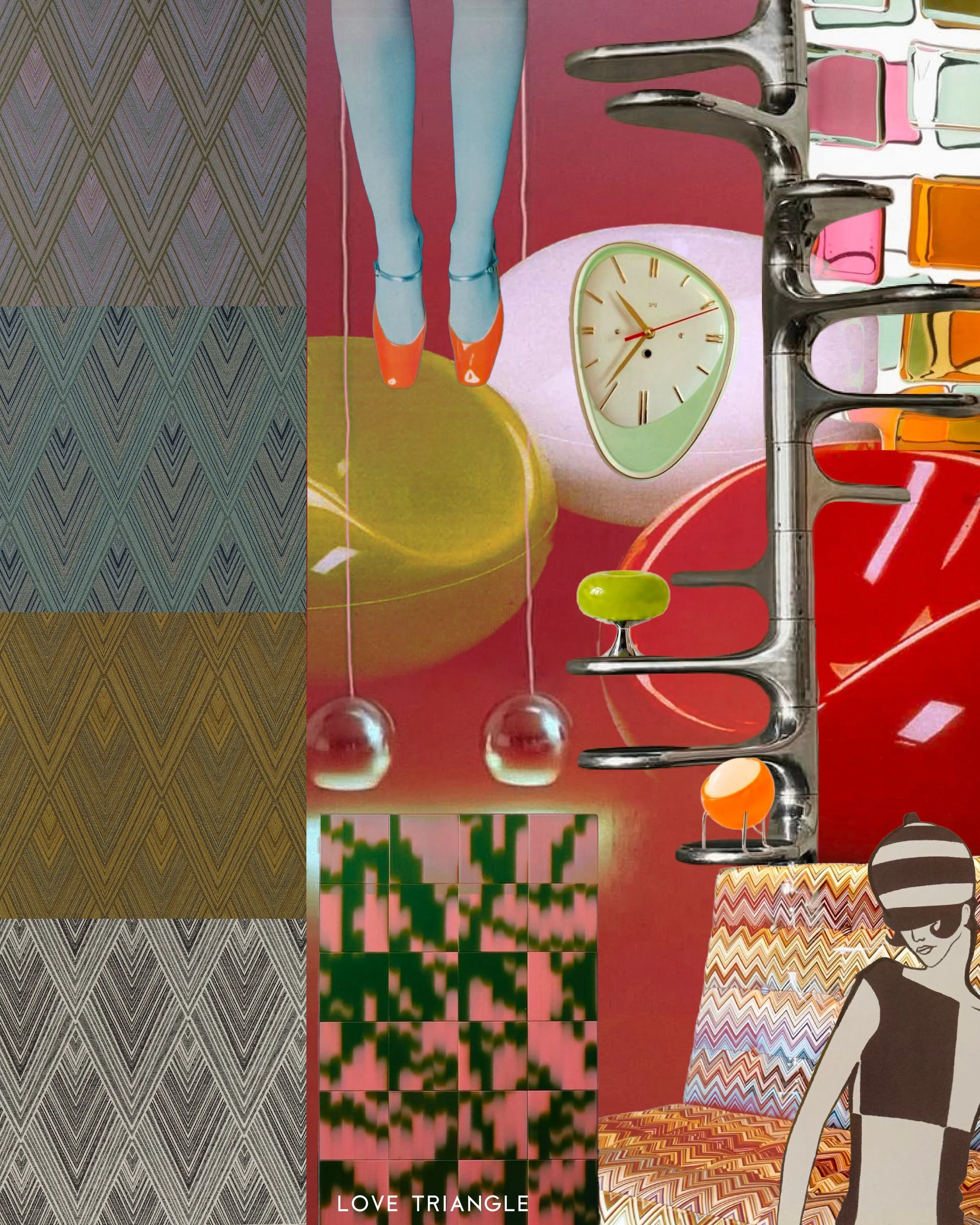 A moodboard inspired by Love Triangle

Inspired by the mod, mid-century architecture in Palm Springs in the 50&rsquo;s. This large-scale chevron pattern is soft to the touch that emulates hand loomed material. Love Triangle is an indoor upholstery th