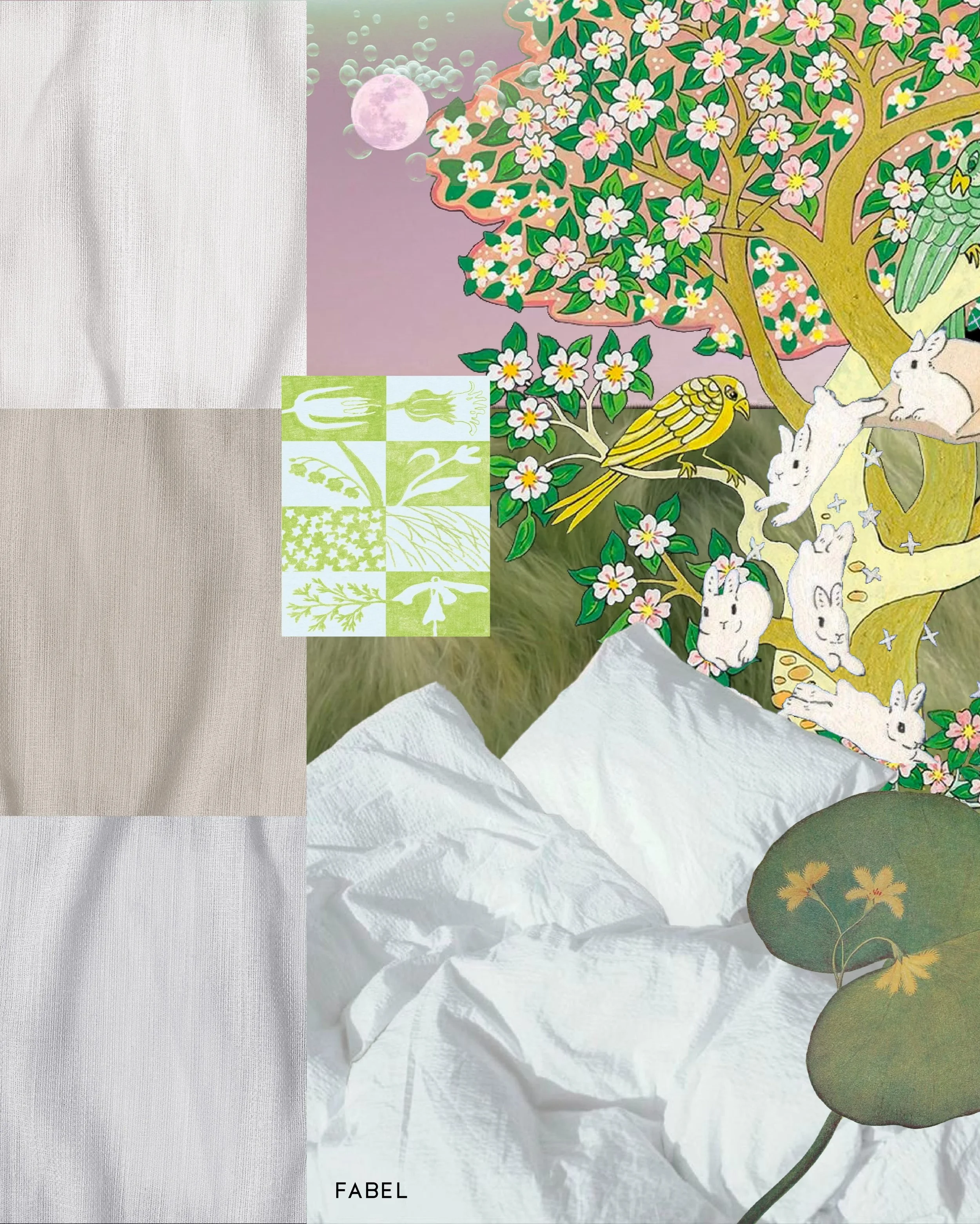 The first peek of sun coming through the window on a weekend getaway. Fabel is a lightweight and breezy versatile sheer consisting of 3 soft colorways. This moodboard is inspired by it&rsquo;s essence