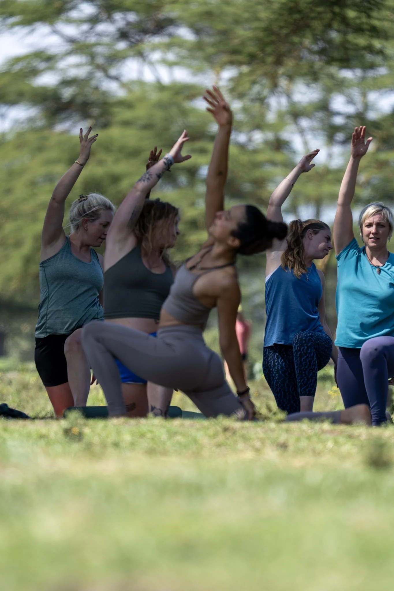 Group of women practicing yoga outdoors on a grassy field, some are in a lunge pose with arms raised, surrounded by trees and blue sky.