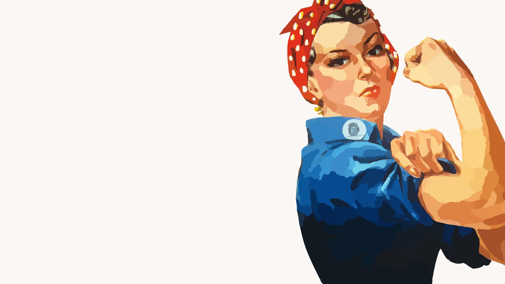 An illustrated woman dressed as Rosie the Riveter, flexing her right arm, wearing a red polka dot headscarf and a blue work shirt, with a confident expression.