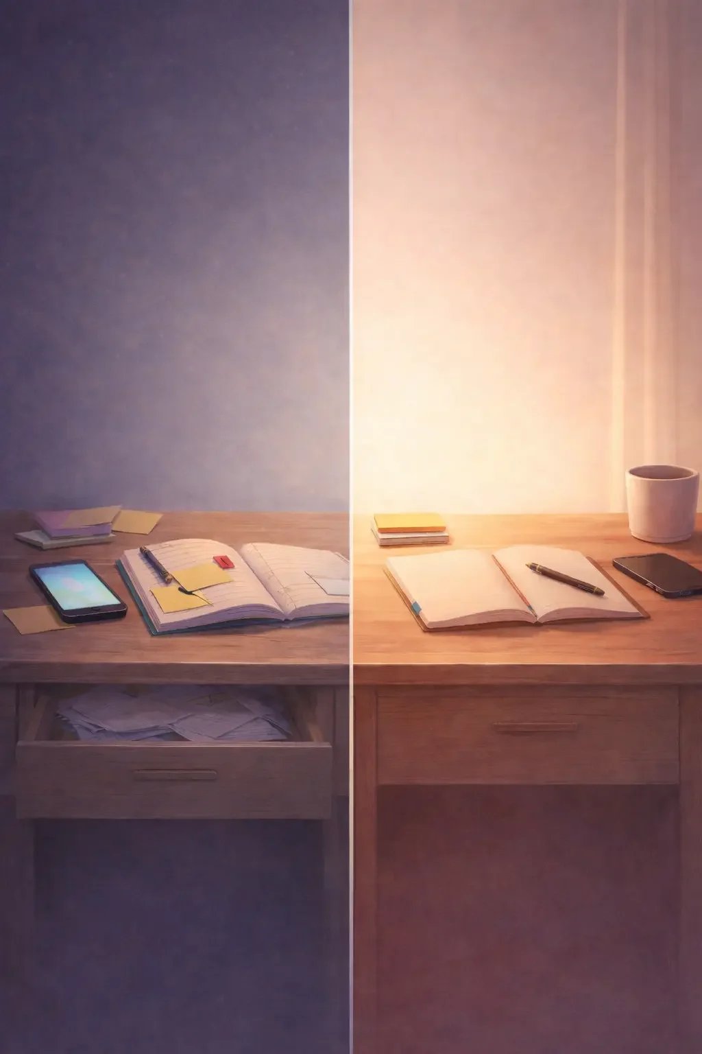 Split view of cluttered versus organized desk, representing ADHD focus and .benefits of therapy.