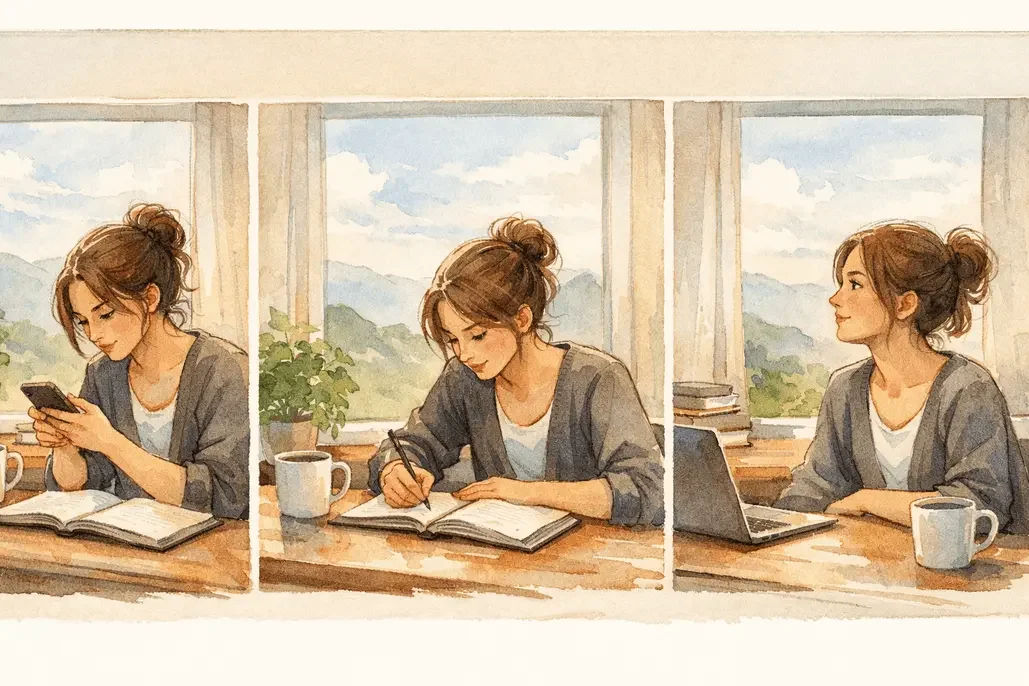 Three illustrations of a woman working at a desk, representing ADHD productivity and daily routines.