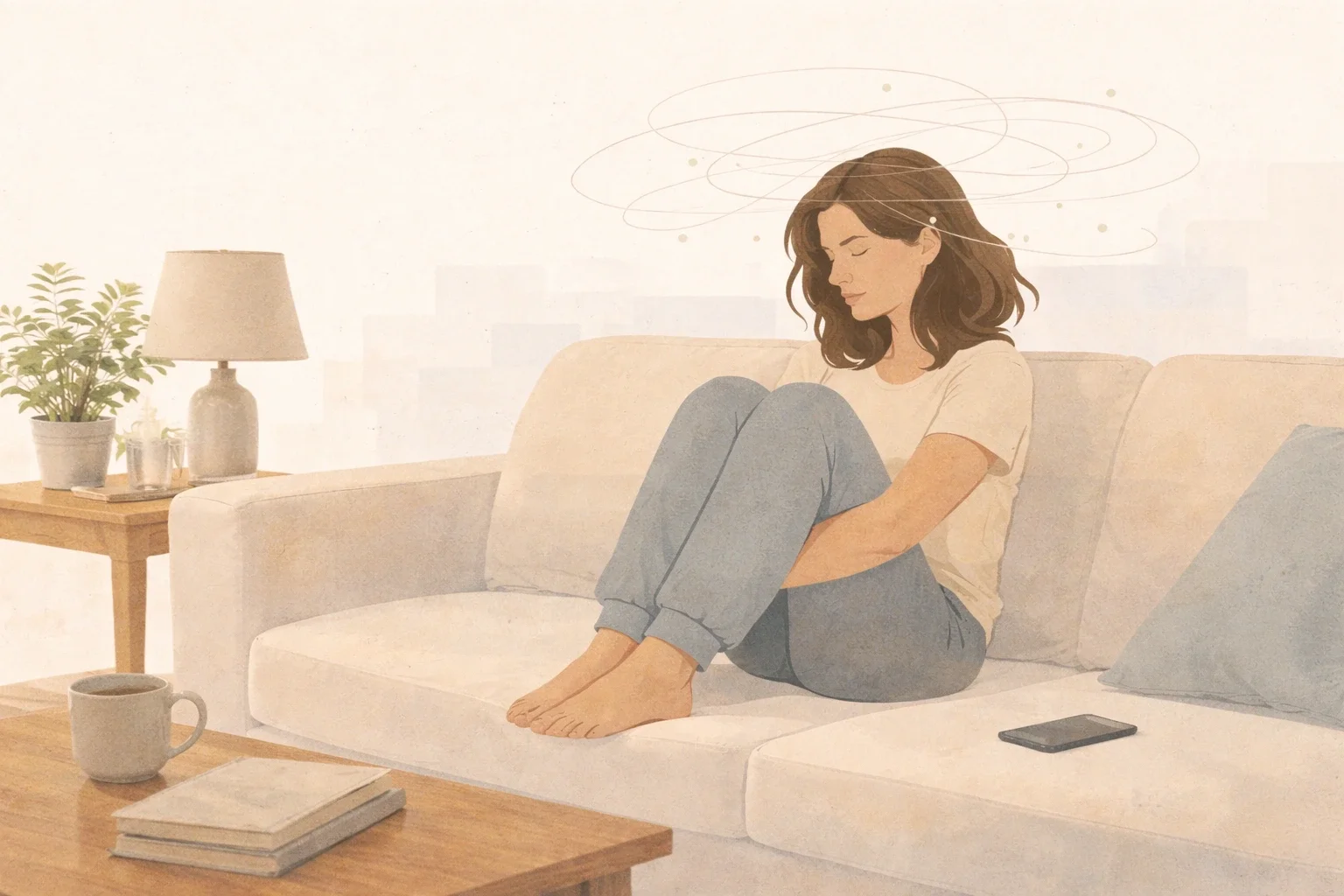 Illustration of a person sitting with anxious thoughts, showing internal restlessness rather than visible crisis.