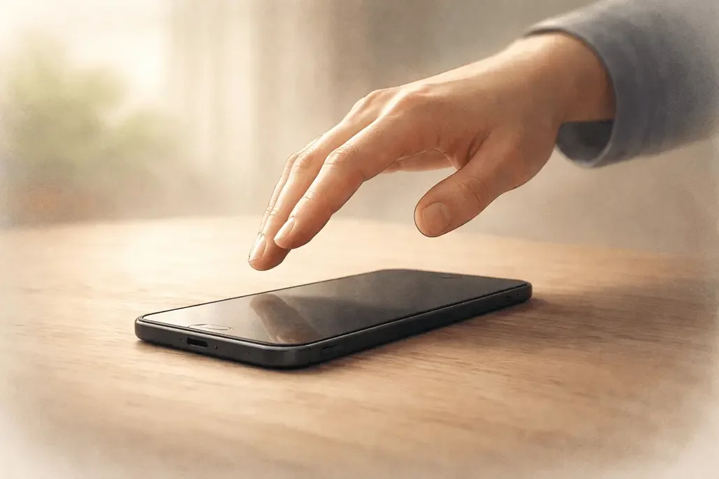 Hand about to tap a smartphone on a wooden surface, representing impulsive scrolling and urges.