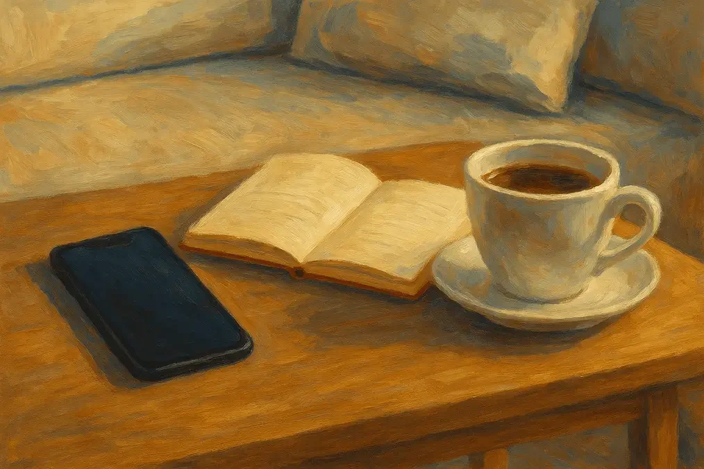 Painting of a relaxed indoor scene with a smartphone and a book, highlighting mixed attention during rest time.