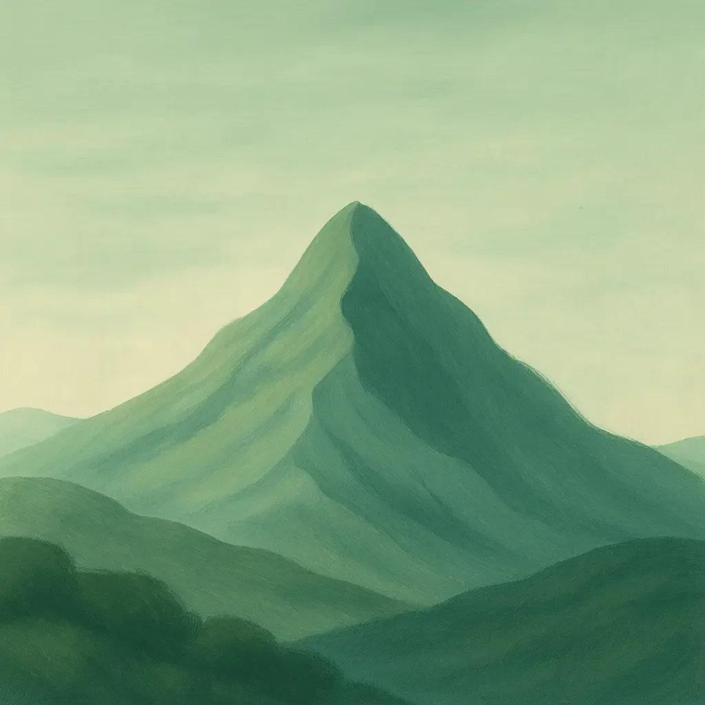 Painting of a mountain peak rising above smaller hills, representing challenge and progress.
