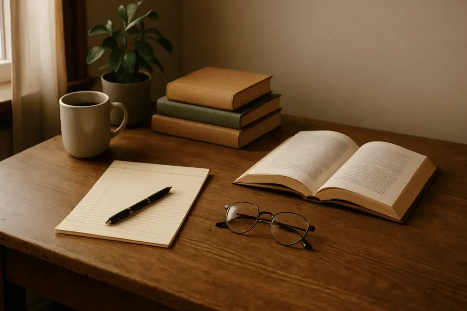 Desk with books, notebook, and coffee, representing therapy skills and routines.