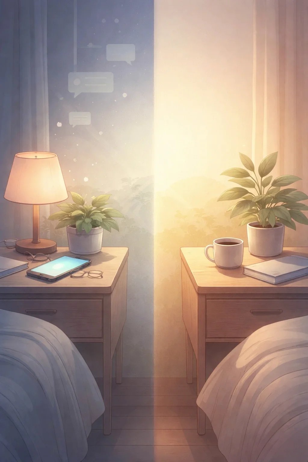 Bedside tables with everyday items including a phone and books, showing how screens fit into rest spaces.