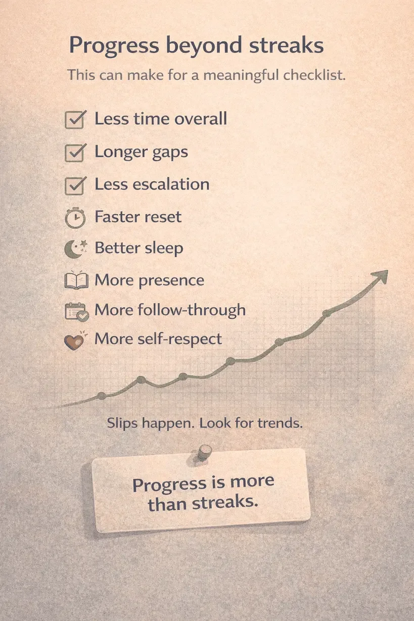 Progress beyond streaks checklist showing improved control, better sleep, faster reset, and more follow-through during porn recovery.