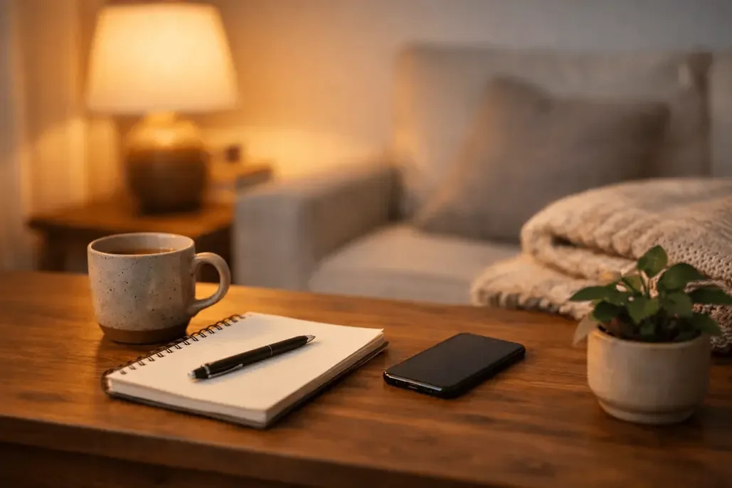 Bedroom bedside table with coffee, notebook, and phone, representing late night porn triggers and routines.