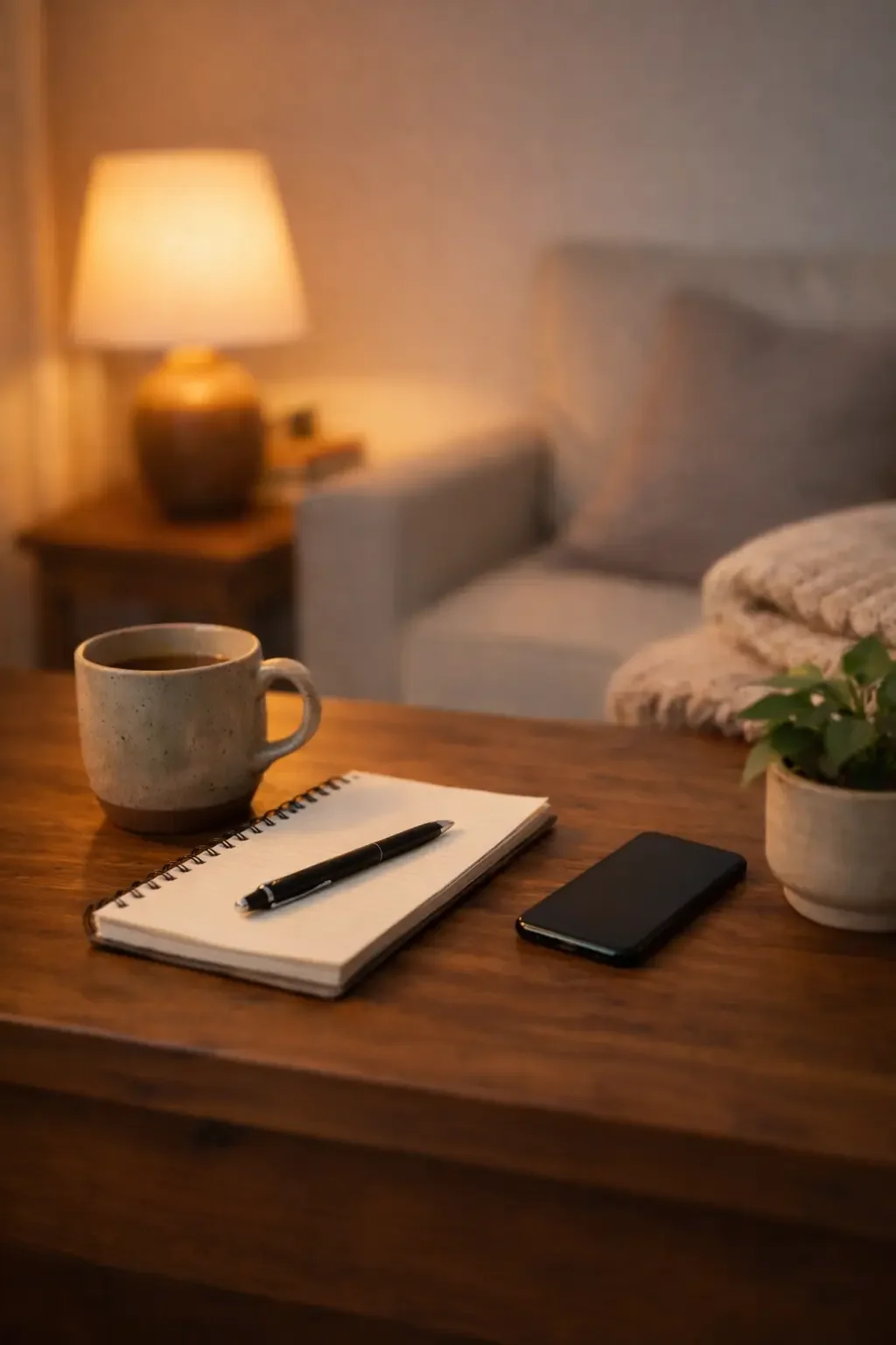 Cozy living room table with coffee mug, notebook, and phone, representing help with porn addiction.