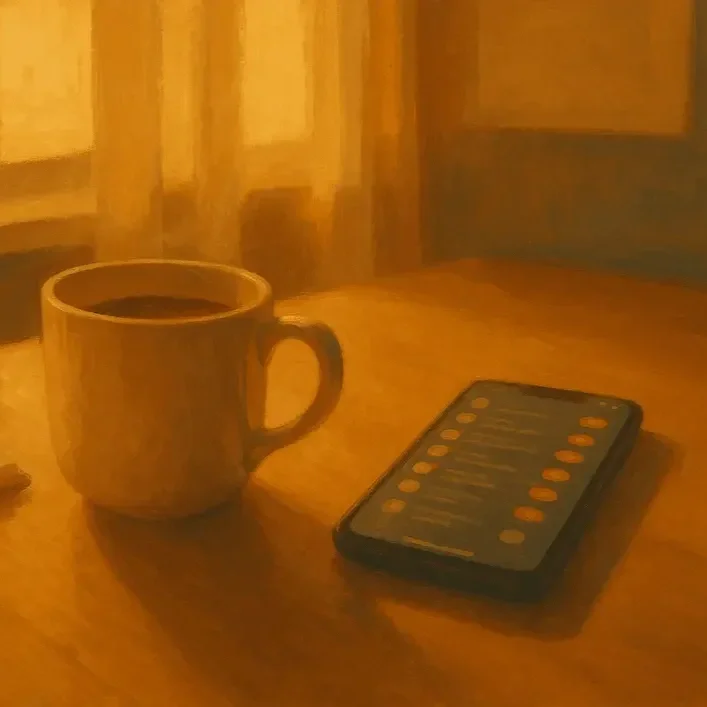 Coffee mug beside a smartphone on a wooden table, reflecting everyday screen use in a quiet moment.