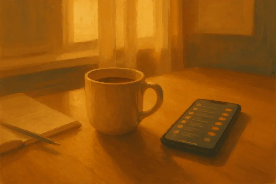 Coffee mug, notepad, and smartphone on a wooden table, representing late night screen use habits.