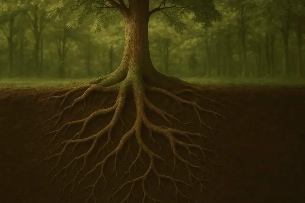 Tree cross section showing deep roots beneath the surface, representing underlying issues beneath visible behavior.