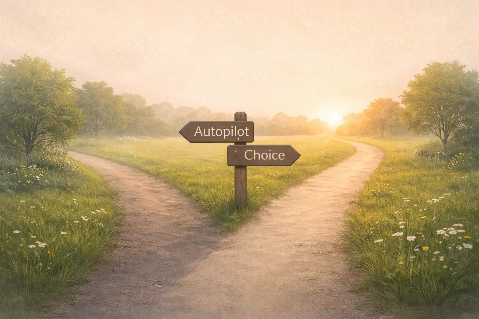 Fork in the road illustration labeled autopilot versus choice, representing porn recovery and behavior change.