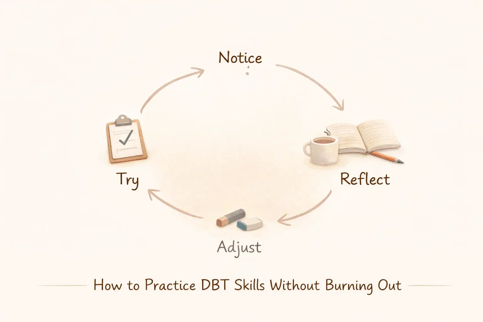 Circular diagram of DBT practice steps, notice, reflect, adjust, and try, for ADHD overwhelm support.