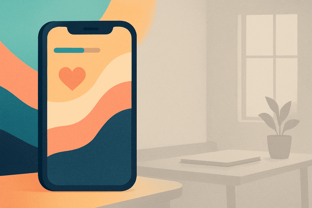Smartphone with a heart icon on screen, symbolizing compulsive phone use and dopamine driven habits.