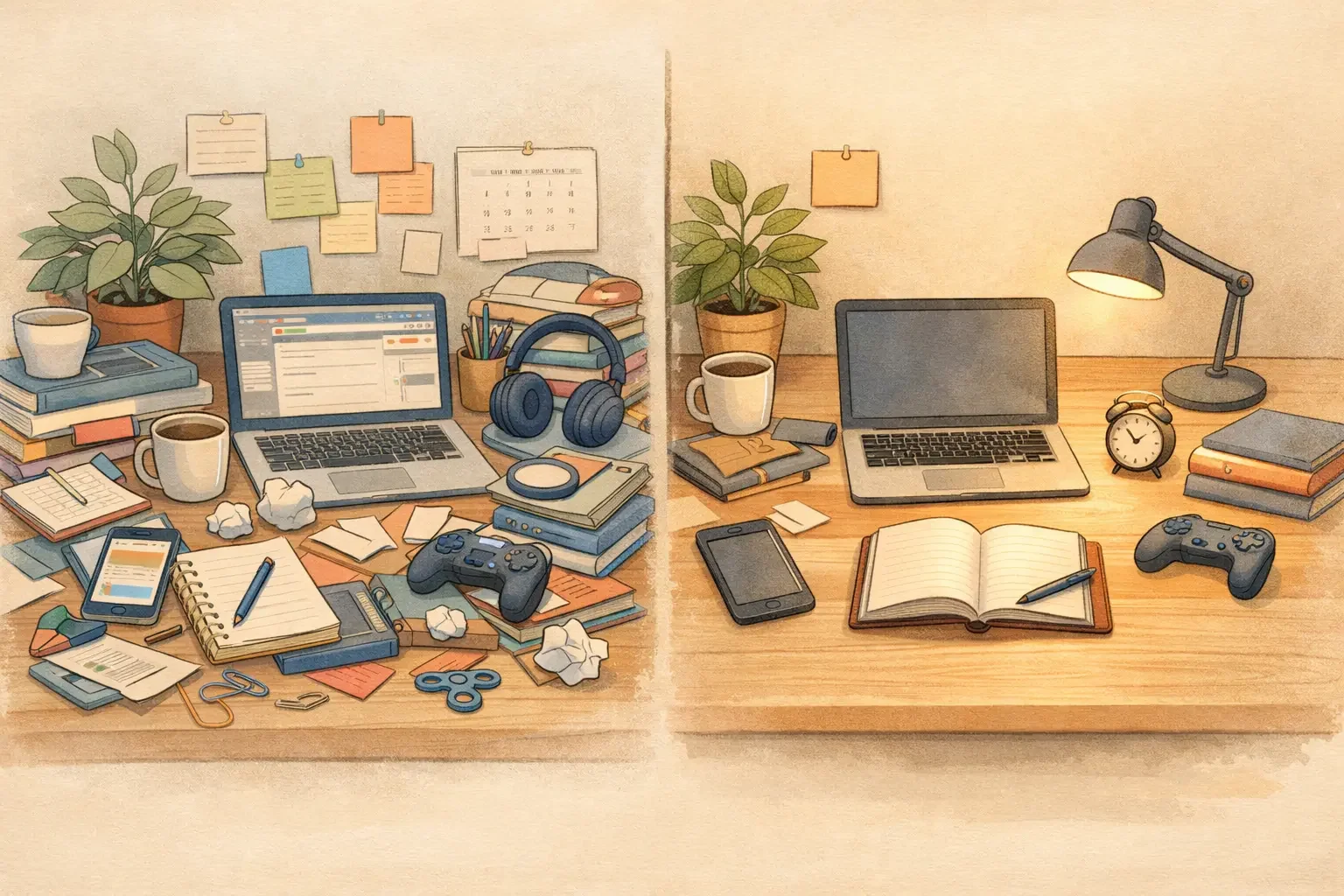 Cluttered versus minimal desk comparison showing ADHD distraction, gaming overuse triggers, and focus-supporting environment changes.