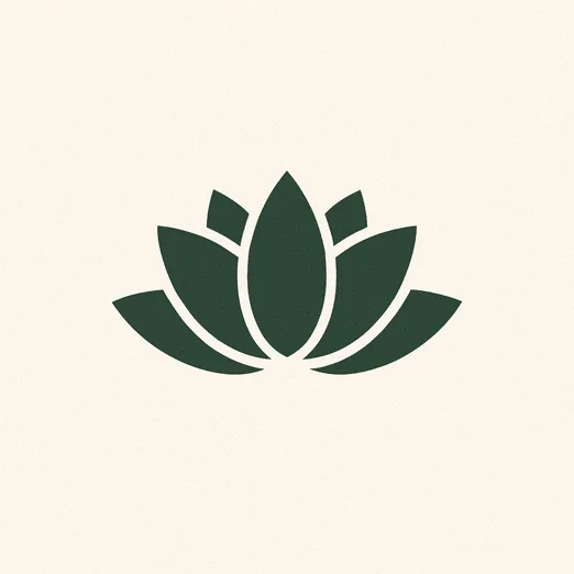 Minimalist dark green lotus flower logo on a cream background.