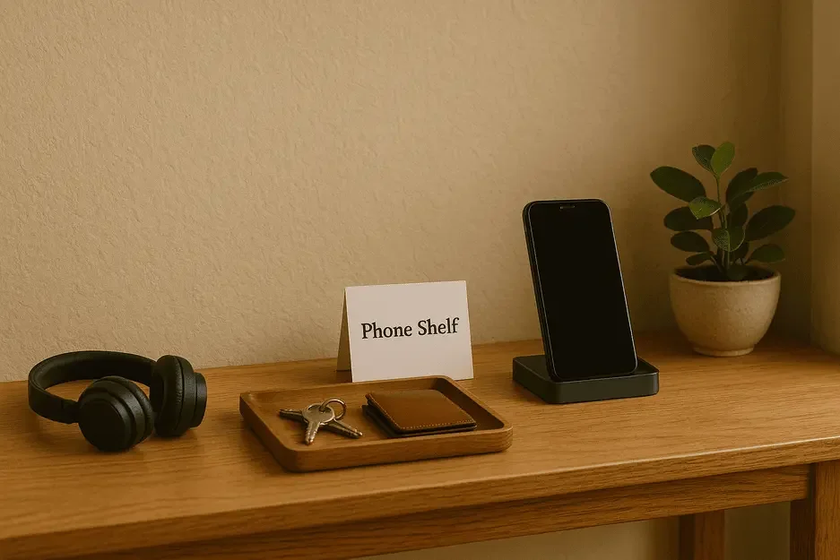 Phone shelf setup with charging stand, keys, wallet, and headphones to support porn blocking and routines.