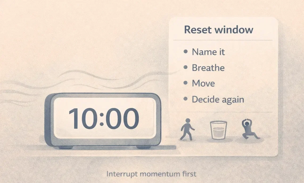 Reset window checklist for porn urges, name it, breathe, move, decide again, interrupt momentum first.