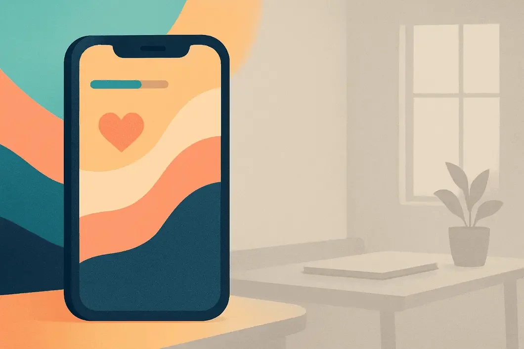 Smartphone showing a heart icon on a desk, reflecting how apps are designed to capture attention.