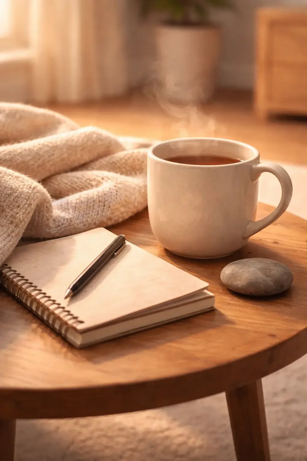 Cozy table with coffee, notebook, grounding stone, and blanket, representing calm coping tools for anxiety and ADHD.