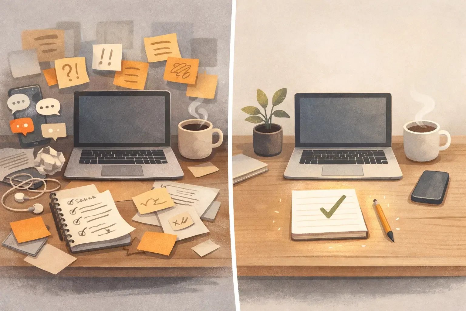 Split image of cluttered desk versus tidy desk, showing digital distraction and ADHD focus support.