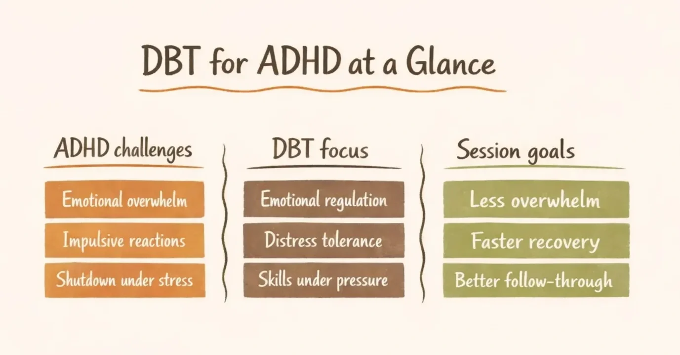 DBT for ADHD at a glance chart showing emotional overwhelm, impulsivity, shutdown, and DBT skills for regulation and follow-through.