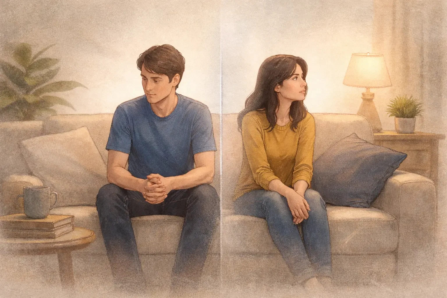 Couple sitting apart on a couch in a living room, emotional distance and relationship tension.