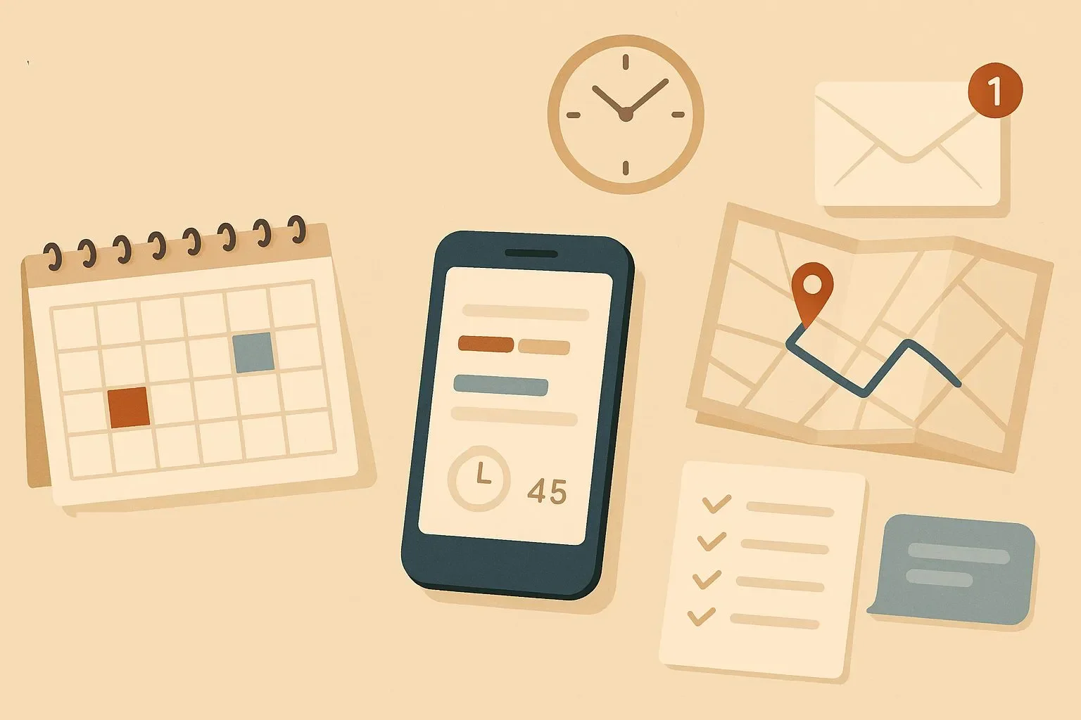 Illustration of daily planning tools and notifications, showing how screens fit into everyday life.