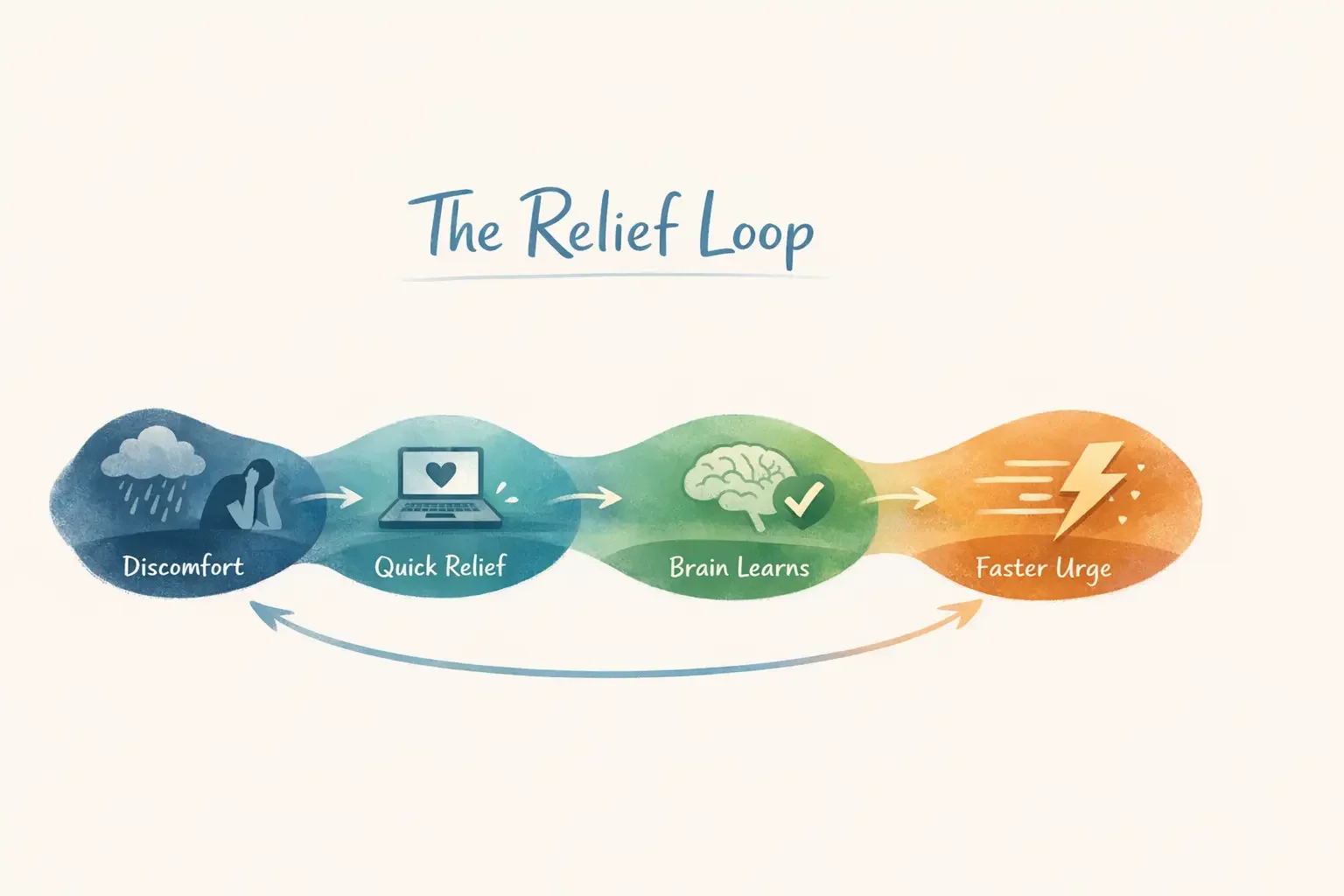 Relief loop diagram explaining porn urges, discomfort, quick relief, brain learns, stronger urges.