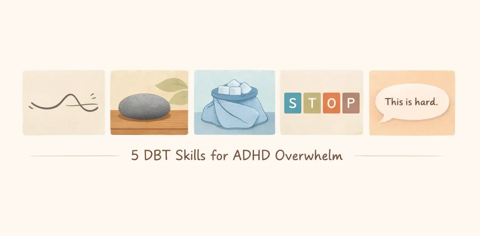 Illustrated “5 DBT Skills for ADHD Overwhelm” showing coping tools for emotional regulation.