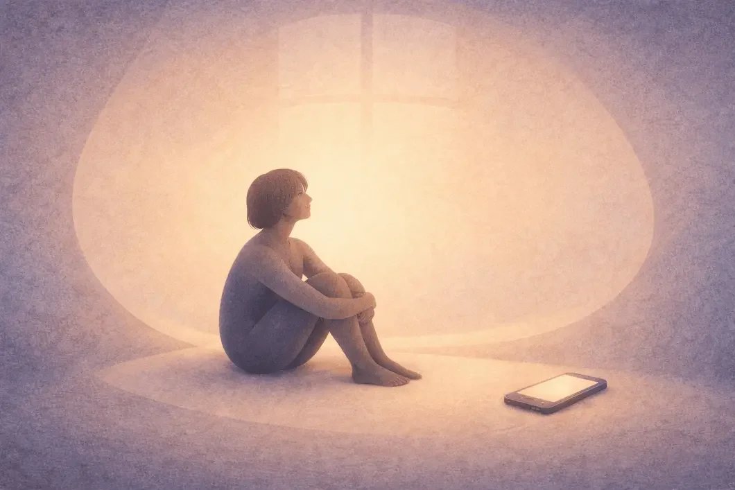 Small figure seated near a phone, representing increased capacity and a wider window of tolerance.