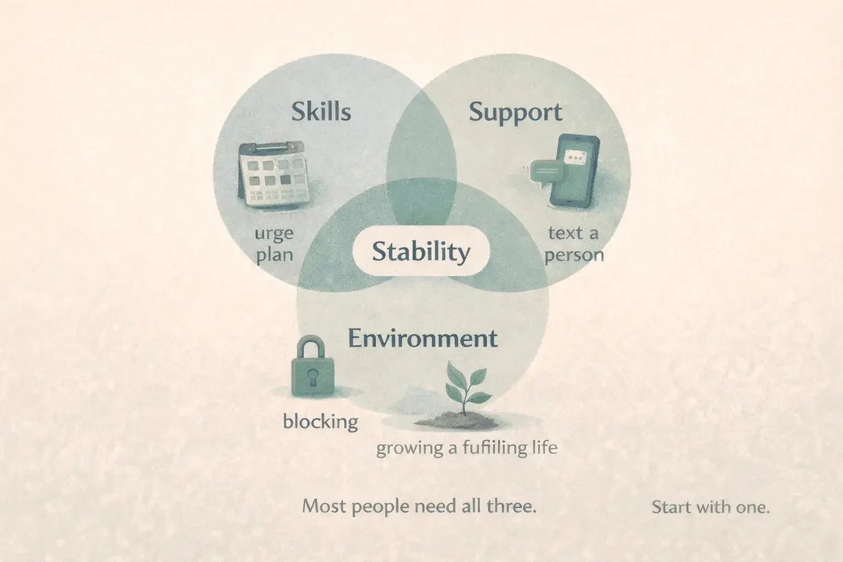Stability Venn diagram showing skills, support, and environment for quitting porn and rebuilding self control.