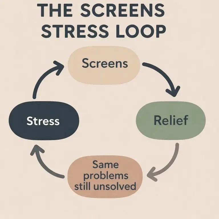 Diagram showing a common loop where screens bring short-term relief but stress returns when problems remain.