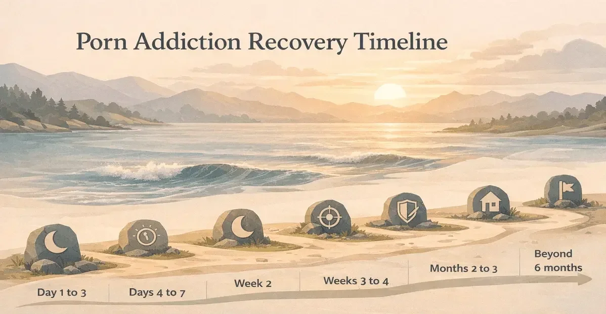 Porn recovery timeline infographic showing stages of change over time, from early sleep disruption to long-term stability.
