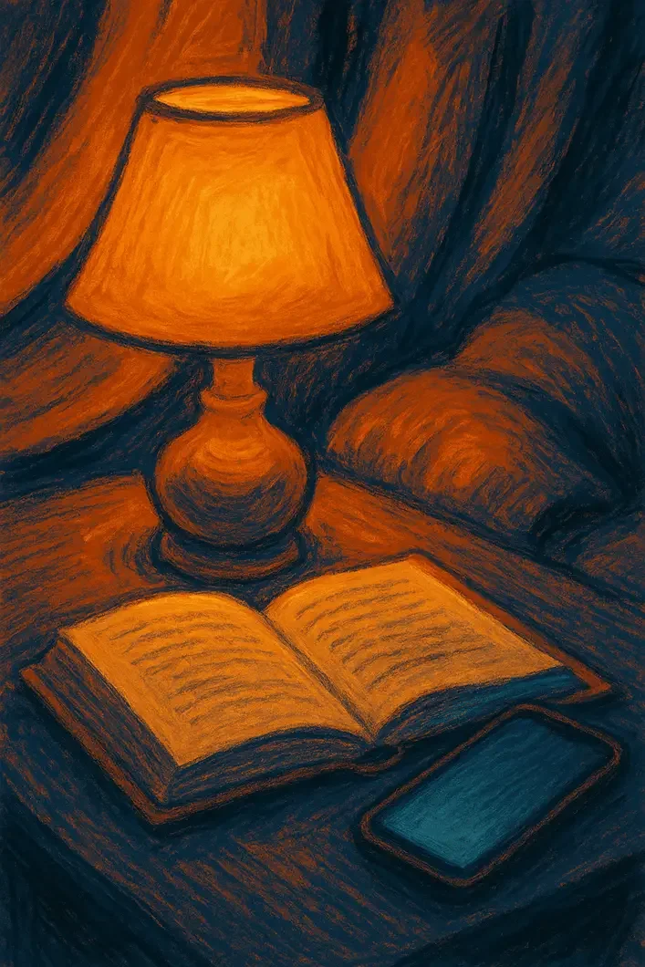 Painting of a quiet table with a lamp, an open book, and a nearby smartphone, suggesting balance between screens and rest.