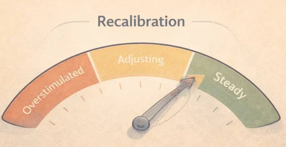 Recalibration gauge from overstimulated to steady, needle pointing to adjusting, for nervous system regulation and porn recovery.