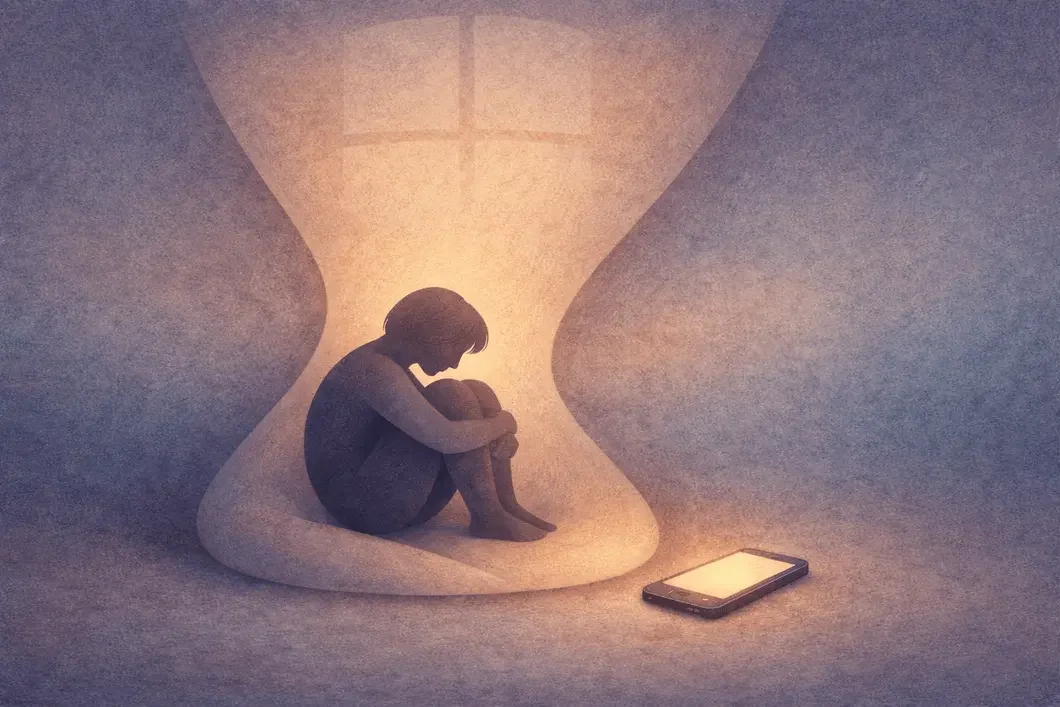 Person sitting curled up with a phone nearby, representing loneliness, avoidance, and phone or screen coping.