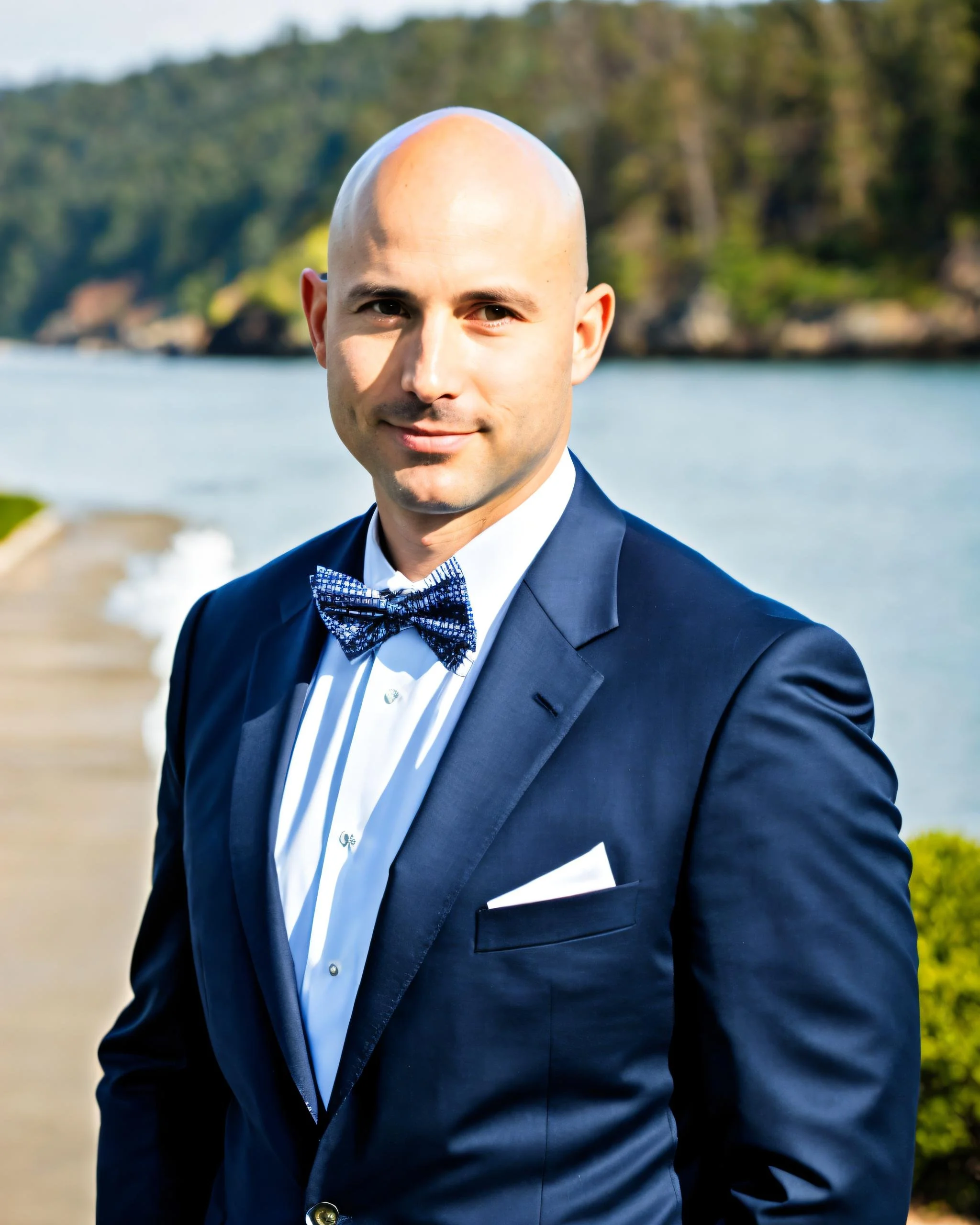 Man in a navy suit with a bow tie standing outdoors by water with trees in the background.