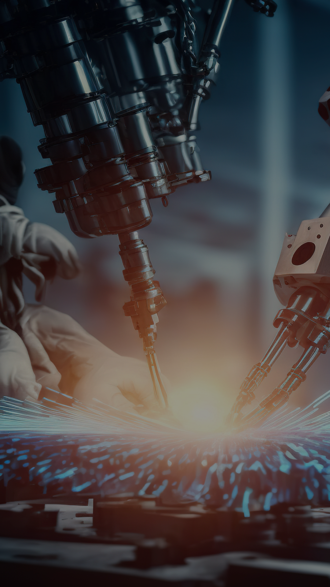 Robotic arms welding metal with sparks and bright light.