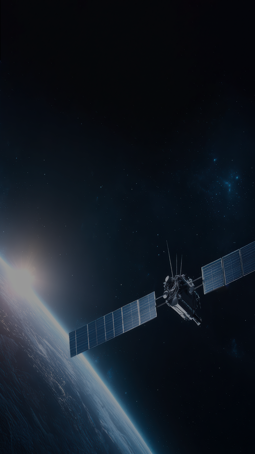 Satellite orbiting Earth with the Sun rising over the horizon, stars visible in space