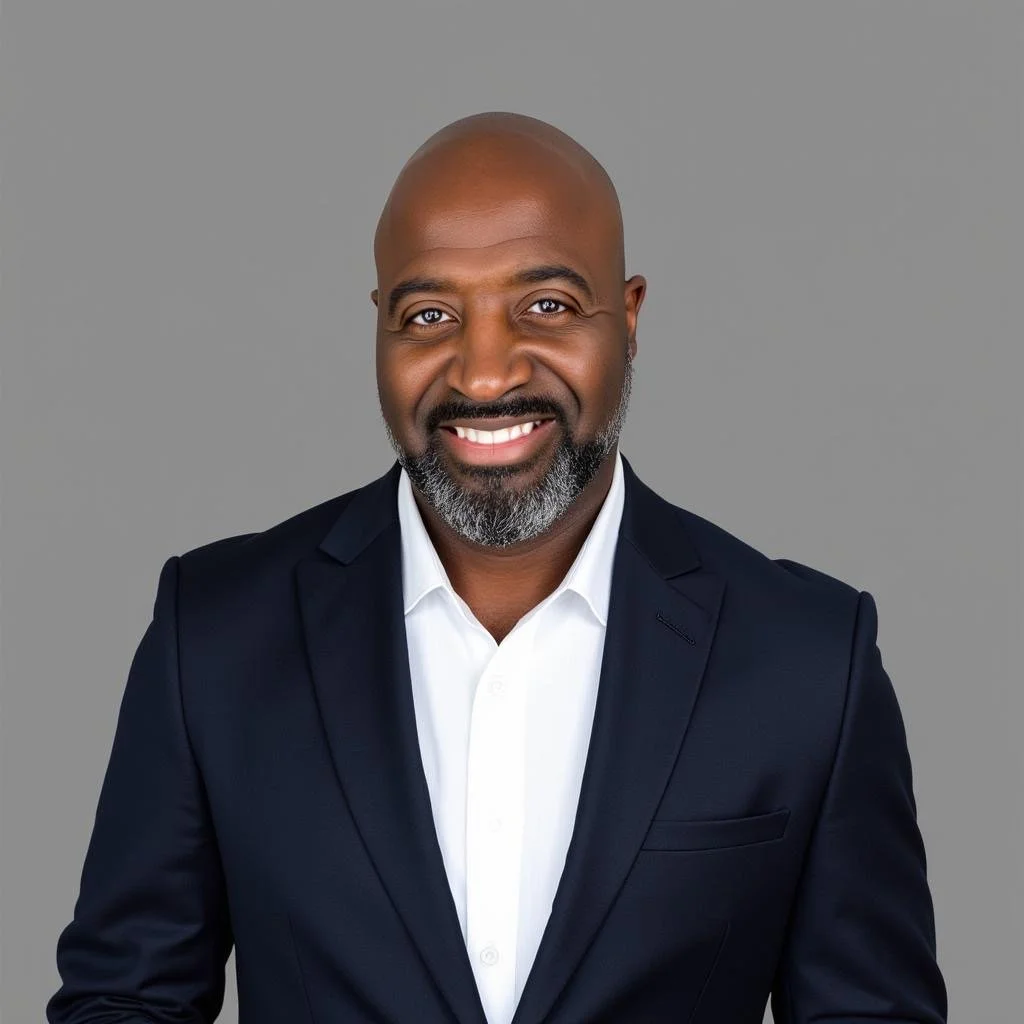 A smiling African American man with a beard, dressed in a dark suit and white shirt, posing against a plain gray background.