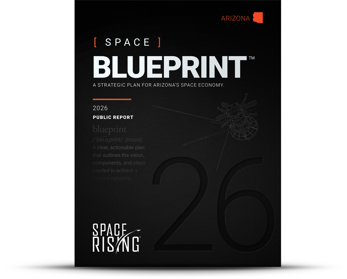 Cover page of the 2026 public report titled 'Space Blueprint' for Arizona's space economy, featuring a black background, white text, a line drawing of a satellite, and the logo 'Space Rising'.