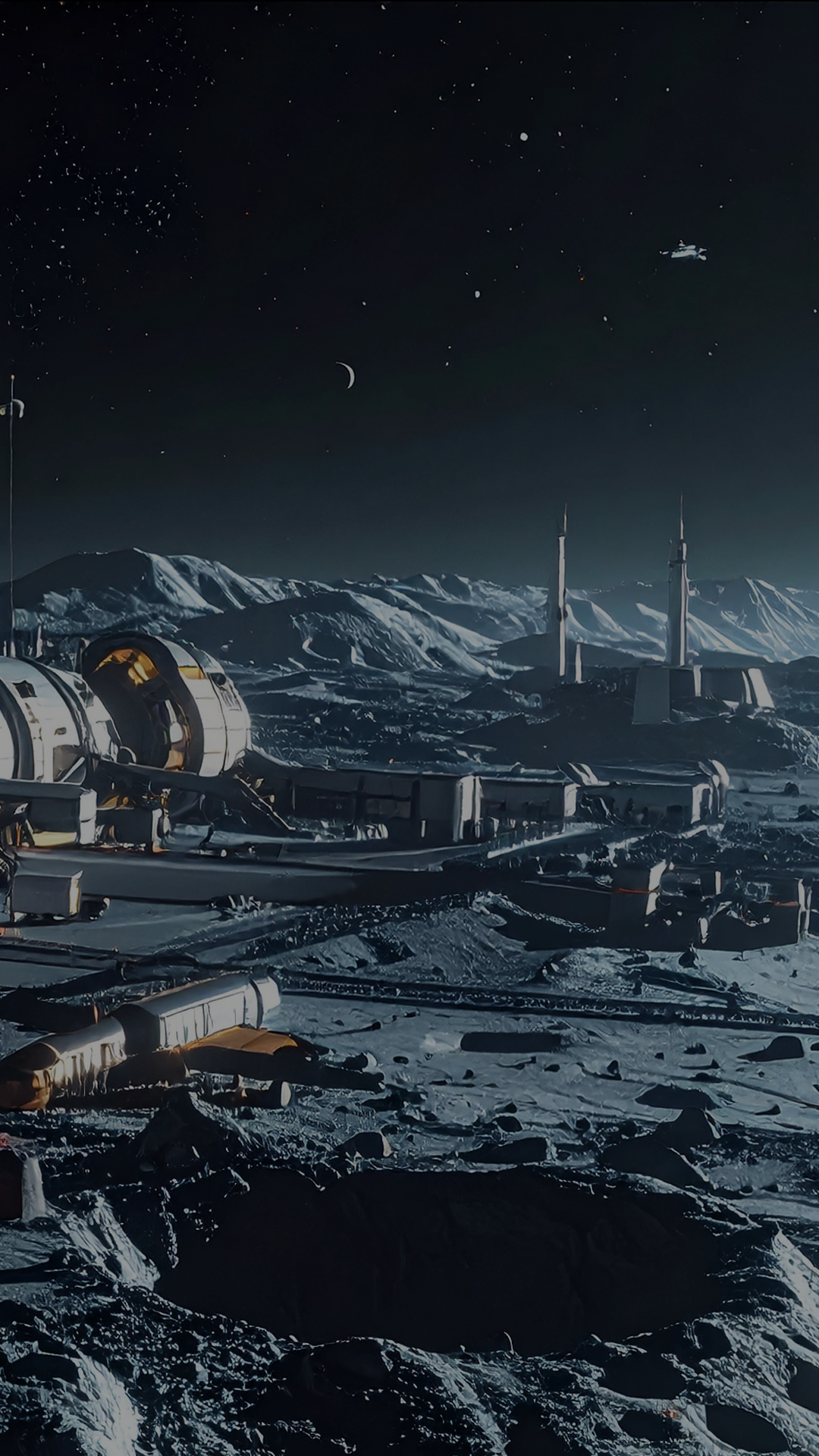 Mars surface with scientific structures and two tall antennas or towers under a night sky with a crescent moon, stars, and spacecraft.