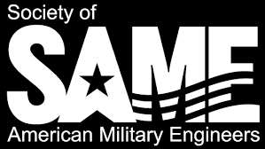 Logo for the Society of American Military Engineers featuring the words 'SAME' with a star and wavy lines, and text indicating 'Society of American Military Engineers'.