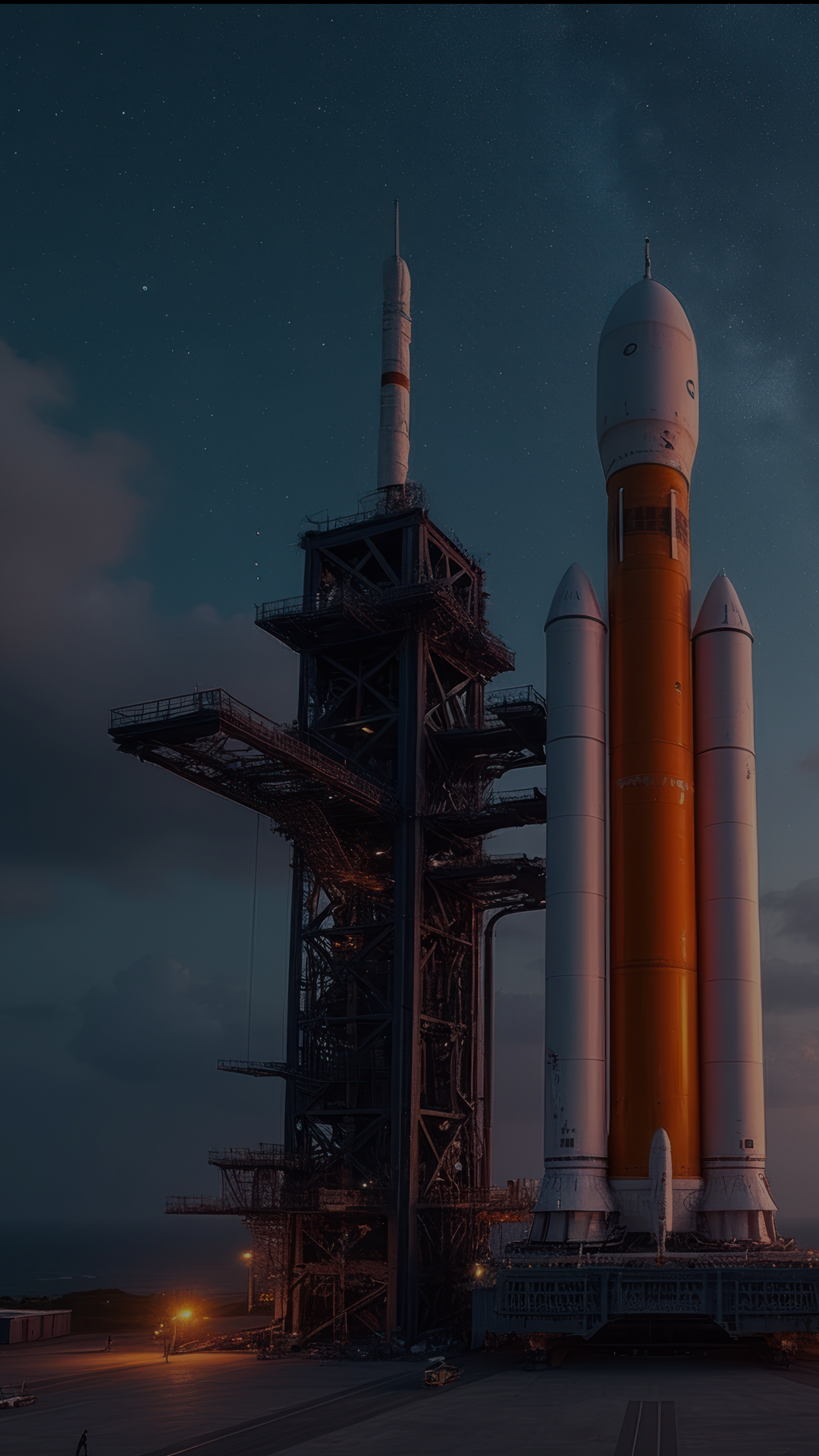 A rocket on a launch pad at night under a starry sky